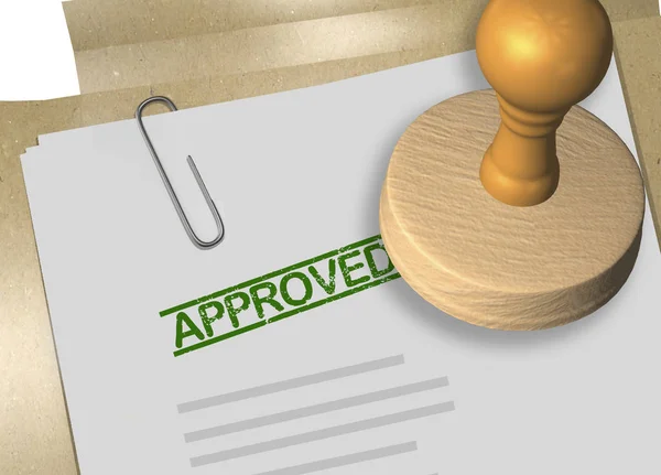 3D illustration of APPROVED stamp title on business document or contract