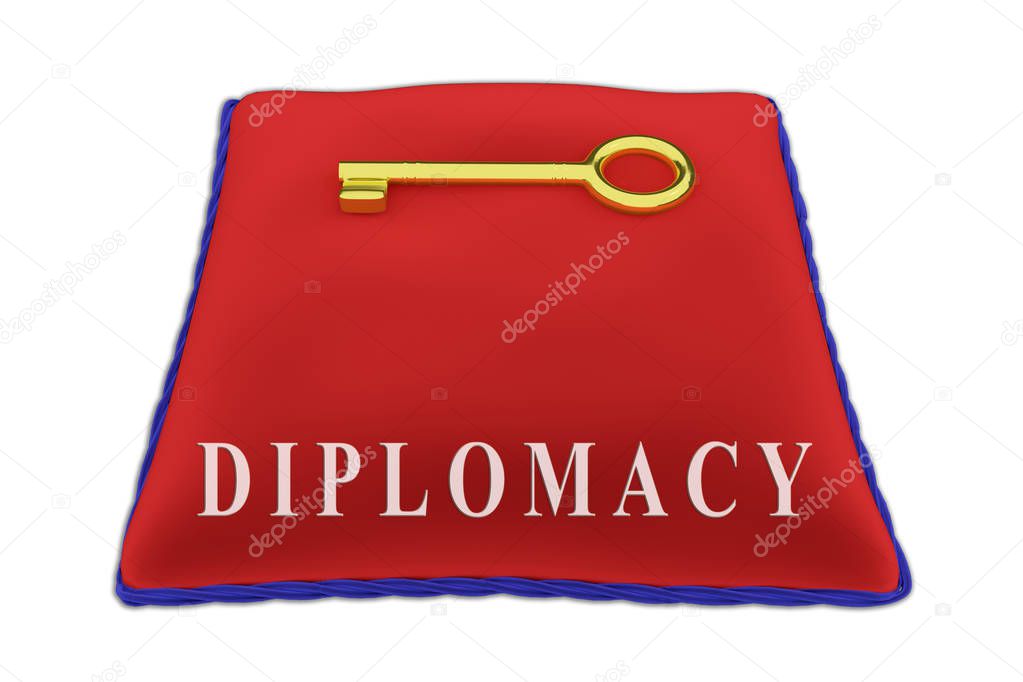 3D illustration of DIPLOMACY Title on red velvet pillow near a golden key, isolated on white.