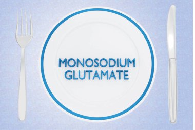 3D illustration of MONOSODIUM GLUTAMATE title on a white plate, along with silver knif and fork, on a pale green background. clipart