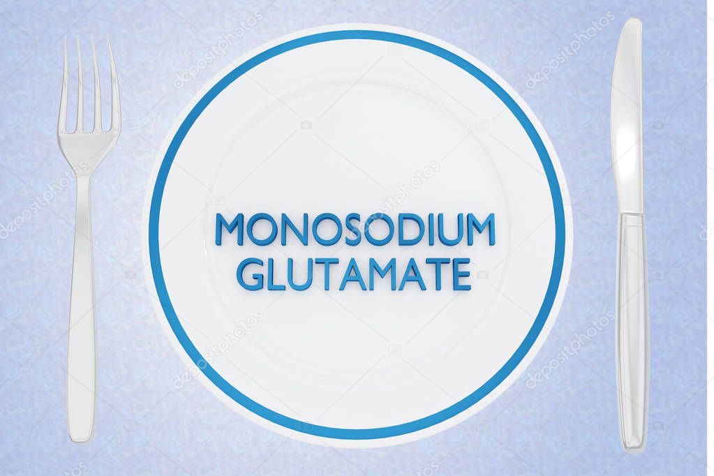 3D illustration of MONOSODIUM GLUTAMATE title on a white plate, along with silver knif and fork, on a pale green background.