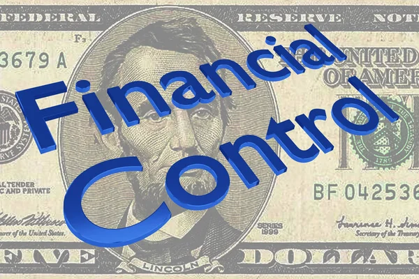 3D illustration of Financial Control title on Five Dollars bill as a background