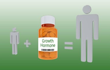 İlaç şişesi üzerindeki büyüme hormonu başlığının 3 boyutlu illüstrasyonu, yeşil bir gradyan üzerinde izole edilmiş..