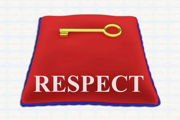 金钥匙红色天鹅绒枕头上的Respect名称的渲染说明 用白色隔开 — 图库照片