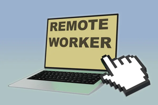 3D illustration of REMOTE WORKER script with pointing hand icon pointing at the laptop screen