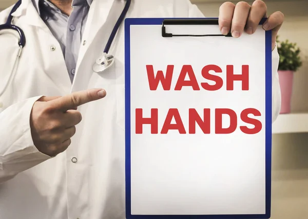 Doctor Holding Sign Wash Hands Order Avoid Virus Coronavirus Covid — Stock Photo, Image