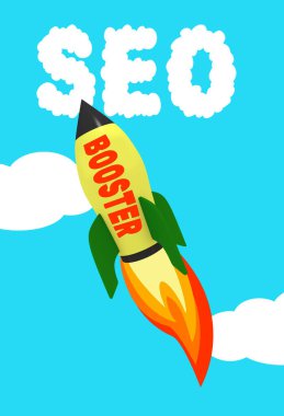 Roket itici etiketli ve SEO bulutlu 3D resimli arama motoru optimizasyon kavramı