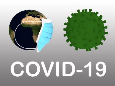 Corona virüsünün önünde tıbbi maske takan dünyanın 3 boyutlu bir modeli altında COVID-19 senaryosunun 3 boyutlu çizimi. Bu görüntünün elementleri NASA tarafından desteklenmektedir.