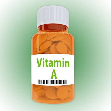İlaç şişesi üzerindeki A vitamini başlığının yeşil gradyan üzerinde izole edilmiş 3D illüstrasyonu.