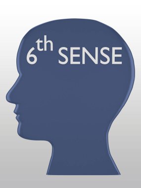 Gri gradyan üzerinde izole edilmiş 6. SENSE metnini içeren baş siluetinin 3 boyutlu çizimi.