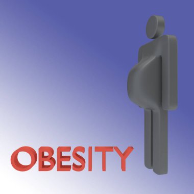 OBESİT başlığının 3 boyutlu çizimi ve insan siluetinin abartılı bir göbeği var, mavi bir gradyan üzerinde izole edilmiş.. 