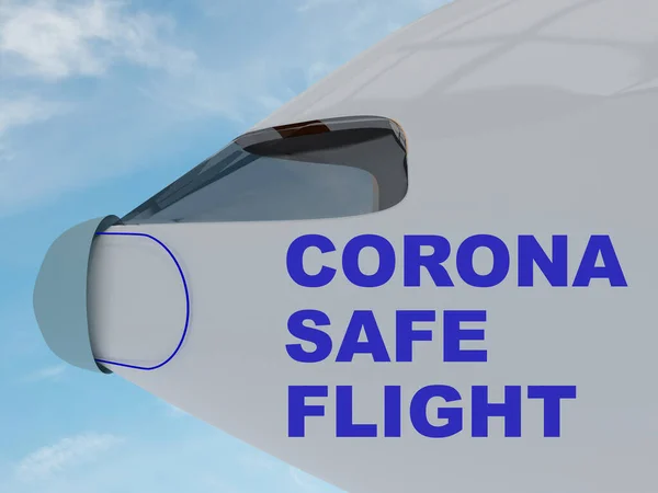 비행기의 측면에 의료용 마스크를 Corona Safe Flight 타이틀 — 스톡 사진