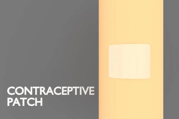 3D illustration of contraceptive patch on a women arm, along with CONTRACEPTIVE PATCH title, isolated over gray background.