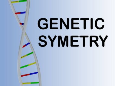 GENETIC SYMETRY betiği DNA çift sarmal, mavi gradyan üzerinde izole.