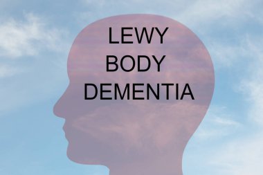 Render illustration of LEWY BODY DEMENTIA title on head silhouette, with cloudy sky as a background. clipart