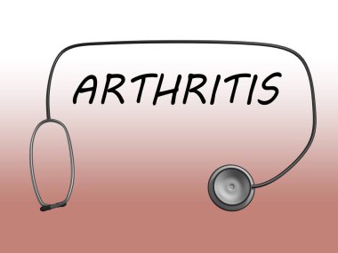 Steteskoplu ARTHRITIS betiğinin üç boyutlu çizimi, kırmızı gradyanda izole edilmiş..