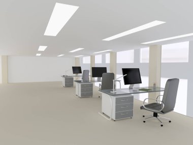 Üç çalışma istasyonlu açık alan işyerinin 3d illüstrasyonu