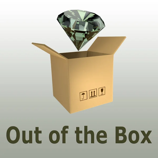 3D illustration of green diamond above an open carton box, isolated over pale green gradient, allong with the script Out of the Box.