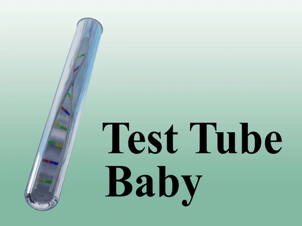 3D illustration of Test Tube Baby concept script with DNA double helix in a test tube, isolated on green gradient.