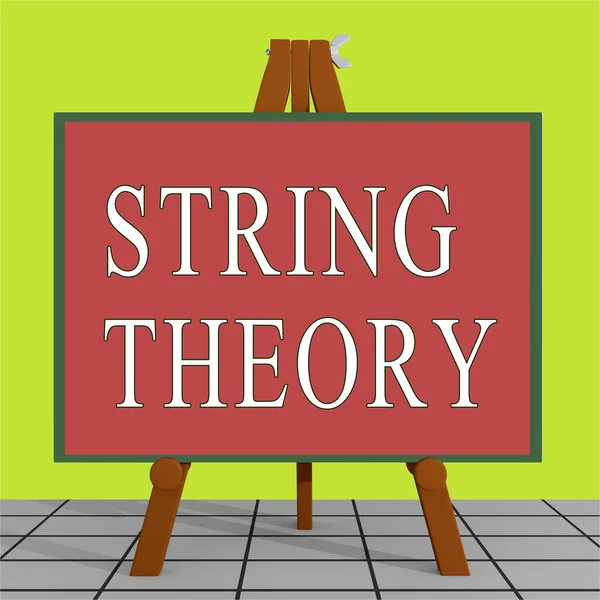 3D illustration of STRING THEORY title on a tripod display board