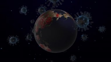 Bakteri koronavirüsü (COVID-19) tüm dünyaya yayılmış diğer parçacıklarla birlikte yüzüyor. Arkaplan virüs hücreleri ve Dünya haritası 3B Canlandırma