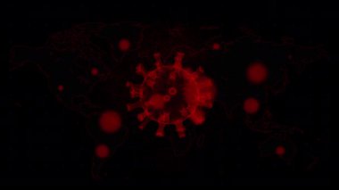 Coronavirus (COVID-19) diğer parçacıklarla birlikte yüzüyor. Haritada arkaplan Canlandırma Virüsü hücreleri