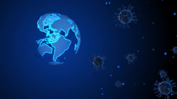 与其他微粒一起漂浮在世界各地的细菌性珊瑚病毒 Covid 背景病毒细胞及地图地球3D动画渲染 — 图库视频影像