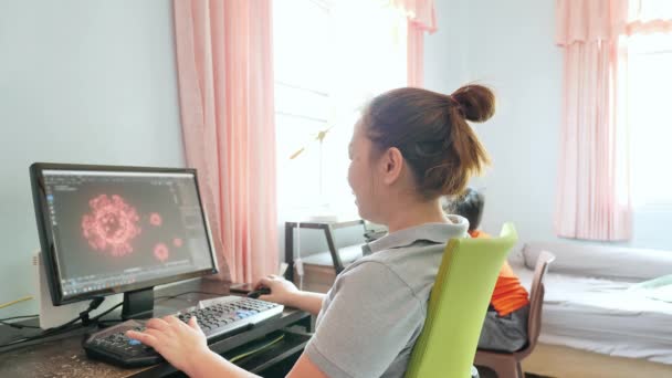 Asian Mother Working Desktop She Designing Coronavirus Biological Cell Program — Stock Video