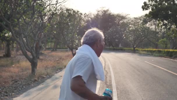 Aînés Asiatiques Regardant Caméra Avec Sourire Courir Sur Route Dans — Video