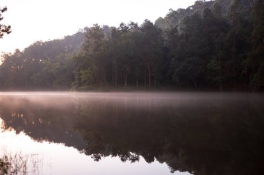 Sabah atmosferi Pang Ung gölünde güneş ışığı ve su yüzeyinde sis. Kuzey Tayland 'da Mae Hong Son bölgesinin turistik merkezi.