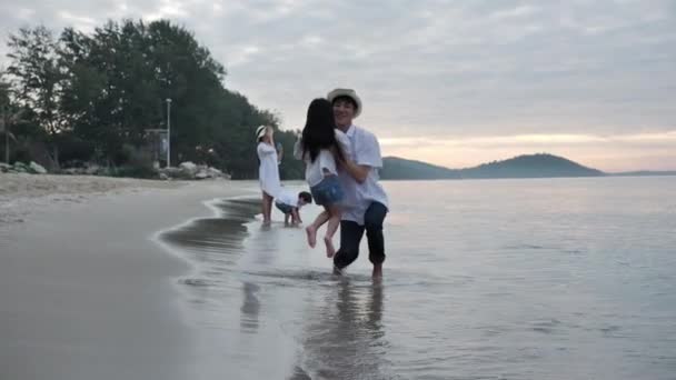 Happy Asian Family Summer Vacation Daughter Rushes Hands Father Spinning — Stock Video