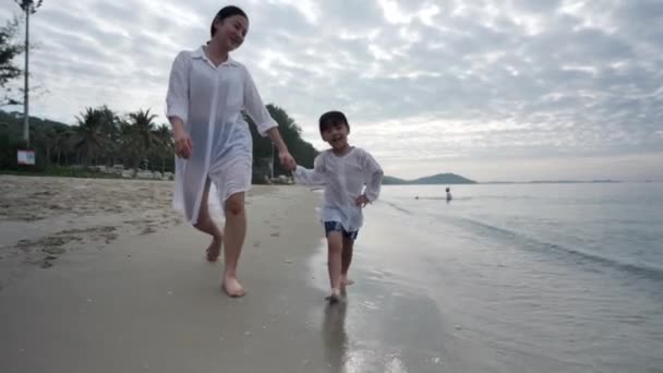 Família Asiática Feliz Nas Férias Verão Mãe Filha Andando Mãos — Vídeo de Stock