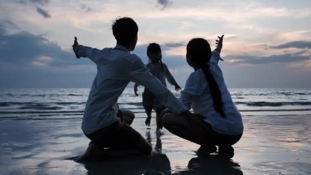 快乐的亚洲家庭暑假快乐的亚洲家庭女儿奔向她的父亲 妈妈拥抱着海滩在傍晚时分 假日和旅行的概念 慢动作 — 图库视频影像