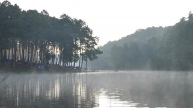 Sabah atmosferi Bambu rafting turisti Pang Ung Orman Çiftliği, Maehongson Bölgesi, Tayland Asya 'nın kuzeyinde. Turistik yerler doğayla iç içe. Kameranın Yavaş Hareketi 