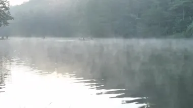 Tayland 'ın kuzeyinde Maehongson Eyaleti' nde Pang Ung Orman Çiftliği üzerinde sabah atmosferi güneşli Bambu rafting turisti. Turistik yerler doğayla iç içe.. 