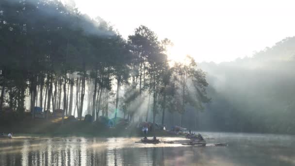 Πρωινή Ατμόσφαιρα Ηλιοφάνεια Μπαμπού Ράφτινγκ Τουρίστας Πάνω Από Λίμνη Pang — Αρχείο Βίντεο