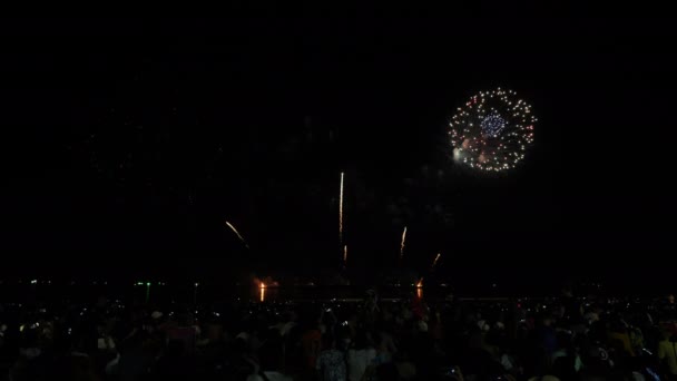 Igazi Tűzijáték Háttér Emberek Akik Jönnek Nézni Strandon Pattaya Nemzetközi — Stock videók