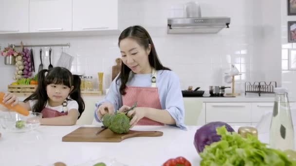 Happy Asian Family Close Mother Child Daughter Preparing Salad Cutting — Stock video