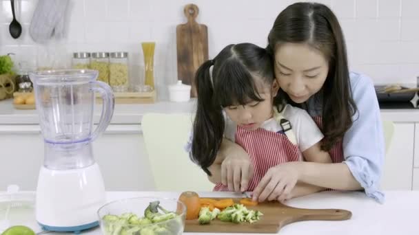 Happy Asian Family Close Mother Child Daughter Preparing Salad Cutting — Stock Video