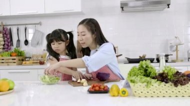Mutlu Asyalı aile anne ve kızının yakınları salatayı hazırlıyor ve sebze doğruyor. Evde mutfakta yemek pişirmek. Sağlıklı gıda konsepti