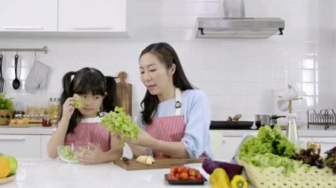 Mutlu Asyalı aile anne ve kızının yakınları salatayı hazırlıyor ve sebze doğruyor. Evde mutfakta yemek pişirmek. Sağlıklı gıda konsepti