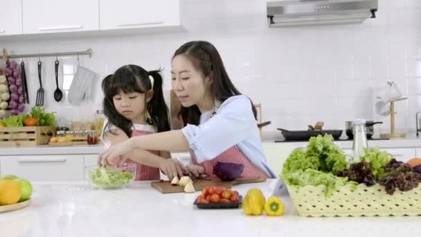 Feliz Familia Asiática Acercamiento Madre Hija Están Preparando Ensalada Cortando — Vídeos de Stock