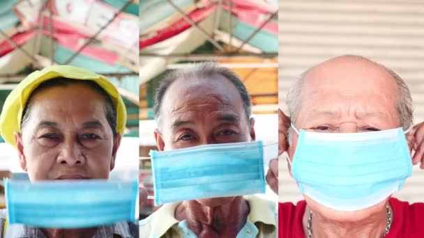 Collage Van Portretten Van Aziatische Bejaarden Met Masker Beschermen Virussen — Stockvideo