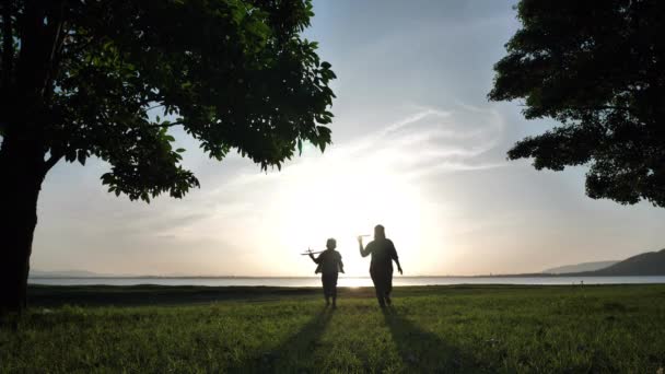 幸せなアジアの母親と息子彼らは夕方に太陽の光を持っている自然の中で一緒にシミュレート飛行機を投げます 木や草原屋外 家族の幸せの休日スローモーション — ストック動画