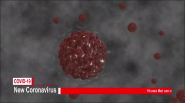 Bakteri hücresi Yeni Koronavirüs diğer parçacıklarla birlikte etrafta dolaşıyor. Arkaplan virüs hücreleri 3D görüntüleme. Canlandırılmış Üçüncü Metin Covid 19 ve düzeltme için metin yok