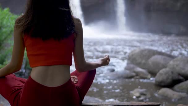 リアビューアジアの女性の練習や滝でヨガを行うと Lotus瞑想セッションでポーズ 美しい風景 自然背景 — ストック動画