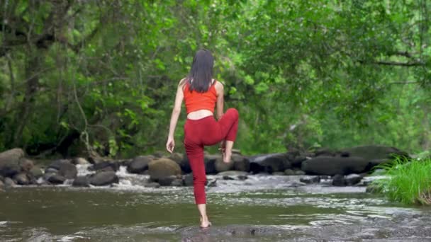 Femme Asiatique Pratiquant Faisant Yoga Cascade Beau Paysage Fond Naturel — Video