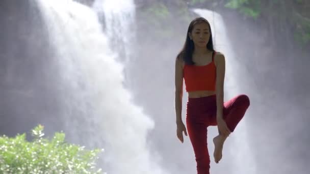 Femme Asiatique Pratiquant Faisant Yoga Cascade Beau Paysage Fond Naturel — Video