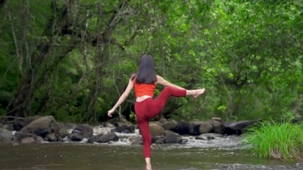 亚洲女人在瀑布边练习或做瑜伽 美丽的风景 自然背景 女性职业瑜伽 — 图库视频影像