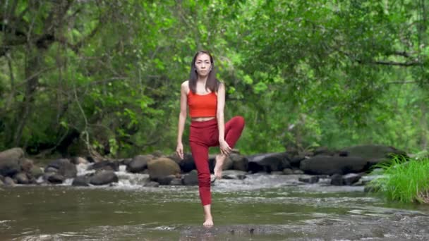 Femme Asiatique Pratiquant Faisant Yoga Cascade Beau Paysage Fond Naturel — Video