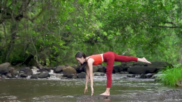 Mujer Asiática Practicando Haciendo Yoga Cascada Hermoso Paisaje Fondo Natural — Vídeo de stock